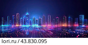 A smart city and an abstract dot with an aesthetically intricate design of wavy lines. The concept of big data. Стоковое AI-изображение, AI-художник Ярославский Максим / Фотобанк Лори