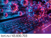 Вирусы атакуют. Компьютерные вирусы и загрязнение клавиатуры. Информационная и личная гигиена. Стоковое AI-изображение, AI-художник Щеголева Ольга / Фотобанк Лори