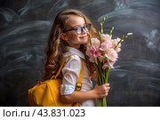 A sweet, beautiful first-grader girl with glasses. In the hands of a bouquet of flowers. The child goes to school for the first time. A child with a backpack, a book and flowers. Back to school. Стоковое AI-изображение, AI-художник Photojuli / Фотобанк Лори