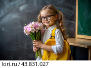 A sweet, beautiful first-grader girl with glasses. In the hands of a bouquet of flowers. The child goes to school for the first time. A child with a backpack, a book and flowers. Back to school. Стоковое AI-изображение, AI-художник Photojuli / Фотобанк Лори
