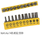 Набор сменных насадок, бит, для отверток на белом фоне. A variety of replaceable nozzles for screwdriver bits on a white background. Стоковое фото, фотограф Татьяна Д / Фотобанк Лори