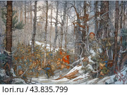 A forest scene with a winter landscape, done in a style reminiscent of fairy tale illustrations. In the center of the composition is a group of small fairy creatures in bright clothes, possibly gnomes, who seem to be going about their business among the trees and snow. The branches and trunks of the trees are intertwined, creating a complex and intricate pattern. On the right, you can see a face peeking out from the trunk of a tree, adding an element of mysticism and magic to the picture. The overall atmosphere of the image is very detailed and rich, with many small elements that make it interesting and mysterious. Стоковое AI-изображение, AI-художник Анна Кривицкая / Фотобанк Лори