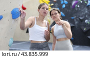 Two friendly young female climbers taking break between climbs at indoor bouldering gym to discuss next routes and technique in casual conversation. Стоковое видео, видеограф Яков Филимонов / Фотобанк Лори