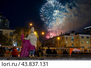 Люди на ночной улице любуются праздничным салютом. На перднем плане мама с дочкой. В тёмном небе яркие вспышки фейерверка. Праздничный салют 9 мая в честь Дня Победы. Город Екатеринбург, Свердловская область, Россия (2023 год). Редакционное фото, фотограф Андрей Степанов / Фотобанк Лори
