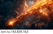 Stunning Cosmic Event Depicts Fiery Asteroid Plummeting Through Starry Space at Night. Стоковое AI-изображение, AI-художник Сергей Толмачёв / Фотобанк Лори