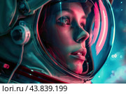 Astronaut woman in futuristic space helmet. Стоковое AI-изображение, AI-художник Иван Рябоконь / Фотобанк Лори