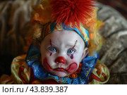 Sad little clown with colorful costume. Стоковое AI-изображение, AI-художник Иван Рябоконь / Фотобанк Лори