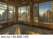 Abandoned urban apartment with cityscape view. Стоковое AI-изображение, AI-художник Иван Рябоконь / Фотобанк Лори