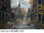Abandoned city street with overgrown buildings in autumn. Стоковое AI-изображение, AI-художник Иван Рябоконь / Фотобанк Лори