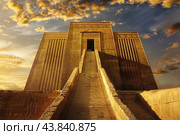 Majestic ancient ziggurat against sunset sky. Стоковое AI-изображение, AI-художник Иван Рябоконь / Фотобанк Лори