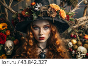 The concept of the Halloween holiday. Horror. A costume party. A beautiful woman in a witch costume. Banner, postcard. Стоковое AI-изображение, AI-художник Photojuli / Фотобанк Лори