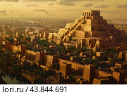 Ancient mesopotamian cityscape at sunset. Стоковое AI-изображение, AI-художник Иван Рябоконь / Фотобанк Лори