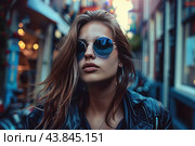 Stylish young woman in sunglasses on city street. Стоковое AI-изображение, AI-художник Иван Рябоконь / Фотобанк Лори
