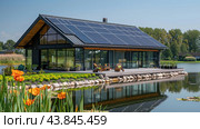 Solar battery on the roof of house near Electrical towers. PV plants generate your own electricity plug play. Power photovoltaic plant. Solar Panel energy system. Стоковое AI-изображение, AI-художник Ирина Михайличенко / Фотобанк Лори