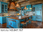 Rustic blue kitchen featuring reclaimed wood and metal. Стоковое AI-изображение, AI-художник Иван Рябоконь / Фотобанк Лори