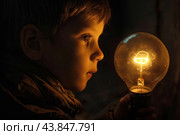 Curious young boy holding a bright light bulb in the dark. Стоковое AI-изображение, AI-художник Иван Рябоконь / Фотобанк Лори
