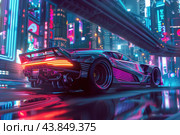 Cyberpunk sports car driving through neon city street. Стоковое AI-изображение, AI-художник Иван Рябоконь / Фотобанк Лори