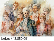 A group portrait of men and women dressed in exquisite 18th century attire. All the characters are depicted in traditional clothing of the time, with tall wigs, lace collars and luxurious dresses. The painting is done in watercolor, which gives it lightness and airiness.The central figure is a man in a green frock coat, with a white wig and a self-confident smile on his face. On either side of him are ladies dressed in elegant pastel dresses. In the background, you can see several more men and women, their faces expressing goodwill and interest.The atmosphere of the painting creates a feeling of nobility and sophistication, emphasizing the grandeur of the era. All the characters look joyful and contented, which speaks of the well-being and idleness of that time. Стоковое AI-изображение, AI-художник Анна Кривицкая / Фотобанк Лори