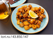 Chipirones, breaded fried calamari with lemon. Стоковое фото, фотограф Яков Филимонов / Фотобанк Лори