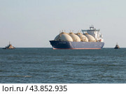 Танкер для перевозки сжиженного природного газа "Cygnus Passage" в море с буксирами (2024 год). Редакционное фото, фотограф Сергей Крамарев / Фотобанк Лори