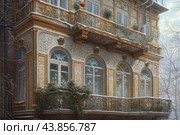 The facade of an old building with exquisite architecture. The facade is decorated with decorative elements and carved ornaments that give the building an elegant and sophisticated look. The windows are decorated with arched frames, and the balconies are framed with wrought iron grilles with intricate patterns. Pots with green plants are visible on the balconies, which are covered with snow, creating a winter atmosphere. Snow also covered the cornices and decorative elements of the building, adding a feeling of cold and winter coziness to the picture. The building looks like something out of a fairy tale, with a rich historical and cultural heritage. Стоковое AI-изображение, AI-художник Анна Кривицкая / Фотобанк Лори