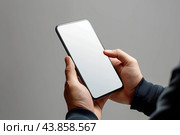 Мужчина держит смартфон, крупным планом руки. Смартфон с белым пустым экраном. Generative AI. Стоковое AI-изображение, AI-художник Щеголева Ольга / Фотобанк Лори