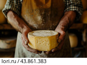 Cheesemaker holding a large wheel of cheese in a cellar. Стоковое AI-изображение, AI-художник Иван Рябоконь / Фотобанк Лори