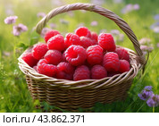 Свежая малина в корзине. Плоды используют в пищу и для приготовления варенья, желе, соков. В народной медицине плоды и листья применяют при простуде, гриппе, как жаропонижающее и потогонное средство. Стоковое AI-изображение, AI-художник Сергей Елизарьев / Фотобанк Лори