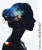 Double exposure silhouette of girl and universe, concept subconscious, awareness. Стоковое AI-изображение, AI-художник Наталья Симакова / Фотобанк Лори