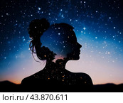 Double exposure silhouette of girl and universe, concept subconscious, awareness. Стоковое AI-изображение, AI-художник Наталья Симакова / Фотобанк Лори