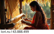 Traditional Indian weaver crafting on handloom in village settingries. Стоковое AI-изображение, AI-художник Анна Маркина / Фотобанк Лори