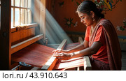 Traditional Indian weaver crafting on handloom in village settingries. Стоковое AI-изображение, AI-художник Анна Маркина / Фотобанк Лори
