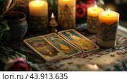 A quiet evening of tarot reading with candles and roses in a cozy setting. Стоковое AI-изображение, AI-художник Сергей Толмачёв / Фотобанк Лори