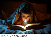 Мальчик не спит, тайком читает ночью интересную книгу под одеялом с фонариком. Стоковое AI-изображение, AI-художник Щеголева Ольга / Фотобанк Лори