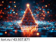 Виртуальная Рождественская ель сияет разноцветными огнями, Новый год в киберпространстве. Стоковое AI-изображение, AI-художник Щеголева Ольга / Фотобанк Лори