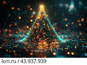 Виртуальная праздничная ель сияет разноцветными огнями, Новый год и Рождество в киберпространстве. Стоковое AI-изображение, AI-художник Щеголева Ольга / Фотобанк Лори