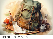 Сборы в поход, туристический рюкзак и другое снаряжение. Акварельный рисунок. Стоковое AI-изображение, AI-художник Щеголева Ольга / Фотобанк Лори