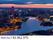 Evening panorama of the modern city of Yekaterinburg on the banks of the Iset river (2024 год). Стоковое фото, фотограф Евгений Ткачёв / Фотобанк Лори