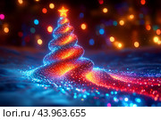 Чудесная новогодняя ель сияет разноцветными огнями, Новый год и Рождество в виртуальной реальности. Стоковое AI-изображение, AI-художник Щеголева Ольга / Фотобанк Лори