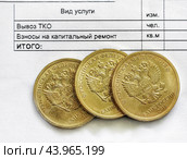 Квитанция на оплату взноса на капитальный ремонт и столбики монет. Стоковое фото, фотограф Татьяна Т / Фотобанк Лори