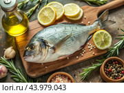 Delicious and healthy fish. Raw dorado with lemon and ingredients on a dark background. Banner, menu, place for recipe text, top view. Стоковое AI-изображение, AI-художник Photojuli / Фотобанк Лори