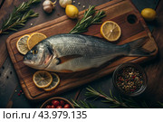 Delicious and healthy fish. Raw dorado with lemon and ingredients on a dark background. Banner, menu, place for recipe text, top view. Стоковое AI-изображение, AI-художник Photojuli / Фотобанк Лори