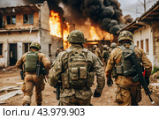 War. Military actions. Soldiers of the elite anti-terrorist unit of the army among the broken buildings. Clearing the territory from the enemy. Стоковое AI-изображение, AI-художник Photojuli / Фотобанк Лори