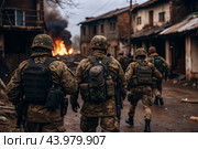 War. Military actions. Soldiers of the elite anti-terrorist unit of the army among the broken buildings. Clearing the territory from the enemy. Стоковое AI-изображение, AI-художник Photojuli / Фотобанк Лори