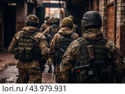 War. Military actions. Soldiers of the elite anti-terrorist unit of the army among the broken buildings. Clearing the territory from the enemy. Стоковое AI-изображение, AI-художник Photojuli / Фотобанк Лори