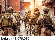 War. Military actions. Soldiers of the elite anti-terrorist unit of the army among the broken buildings. Clearing the territory from the enemy. Стоковое AI-изображение, AI-художник Photojuli / Фотобанк Лори