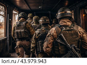 War. Military actions. Soldiers of the elite anti-terrorist unit of the army among the broken buildings. Clearing the territory from the enemy. Стоковое AI-изображение, AI-художник Photojuli / Фотобанк Лори