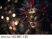 The Venetian Carnival. Close-up of a woman in an ornate carnival mask. Bright colors convey an atmosphere of celebration and luxury. Стоковое AI-изображение, AI-художник Photojuli / Фотобанк Лори