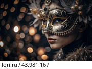 The Venetian Carnival. Close-up of a woman in an ornate carnival mask. Bright colors convey an atmosphere of celebration and luxury. Стоковое AI-изображение, AI-художник Photojuli / Фотобанк Лори