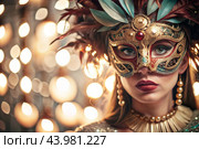 The Venetian Carnival. Close-up of a woman in an ornate carnival mask. Bright colors convey an atmosphere of celebration and luxury. Стоковое AI-изображение, AI-художник Photojuli / Фотобанк Лори